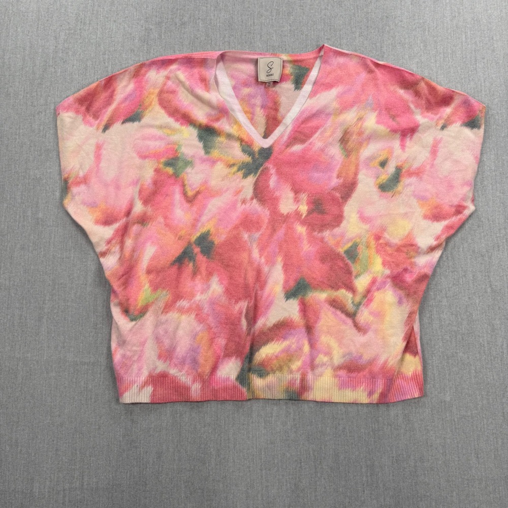 Sioni Womens Pink Floral Watercolor V-Neck Short Sleeve‎ Sweater Top XL
